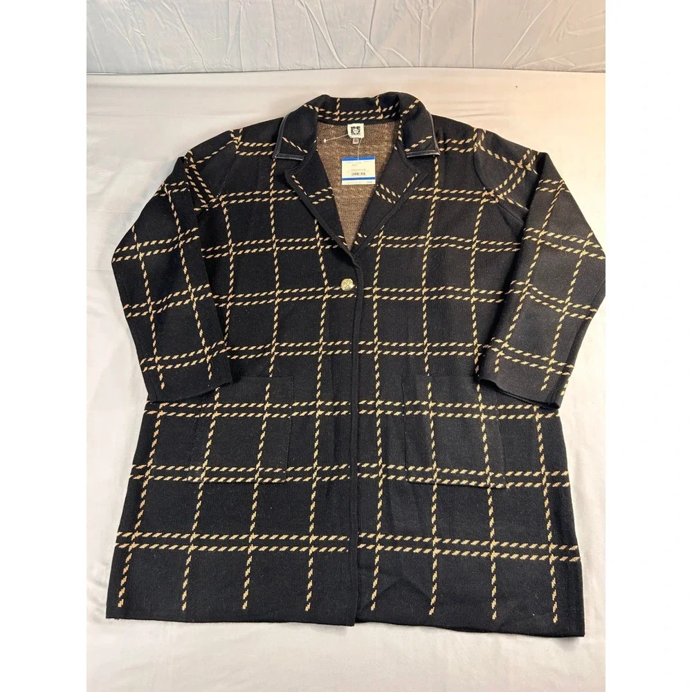 Anne Klein Women Black Camel‎ Windowpane Plaid Knit Blazer Cardigan XL 10882697